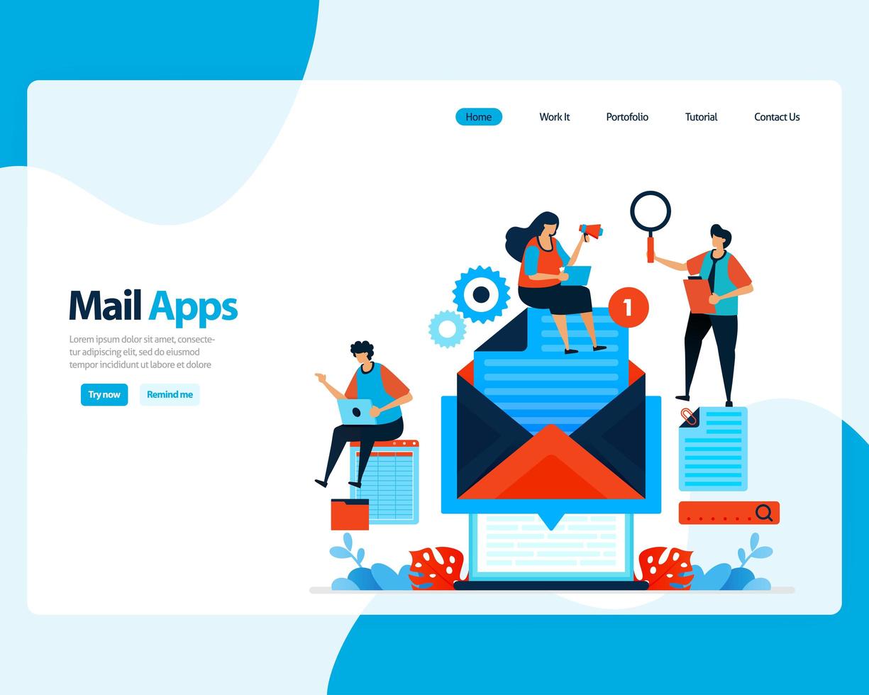 vector landing page of sending, receiving, managing e-mail. work scheduling with digital business e-mail services. illustration for landing page, template, ui ux, web, mobile apps, poster, flyer, ads