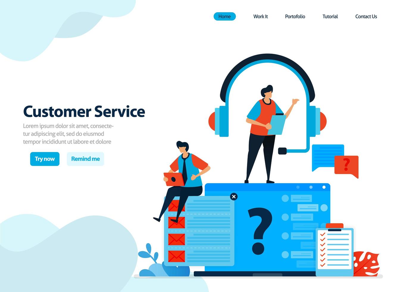 website design of customer service and help center. handle and answer customer questions and complaints. Flat illustration for landing page template, ui ux, website, mobile app, flyer, brochure, ads vector