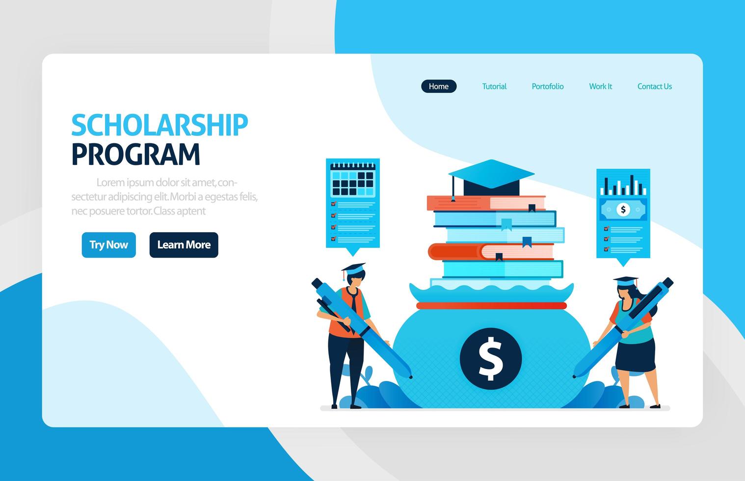 Landing page for scholarship education program, open donations and funding for outstanding student, Low interest loans for educational institutions, tuition fees. for banner, web, website, mobile apps vector