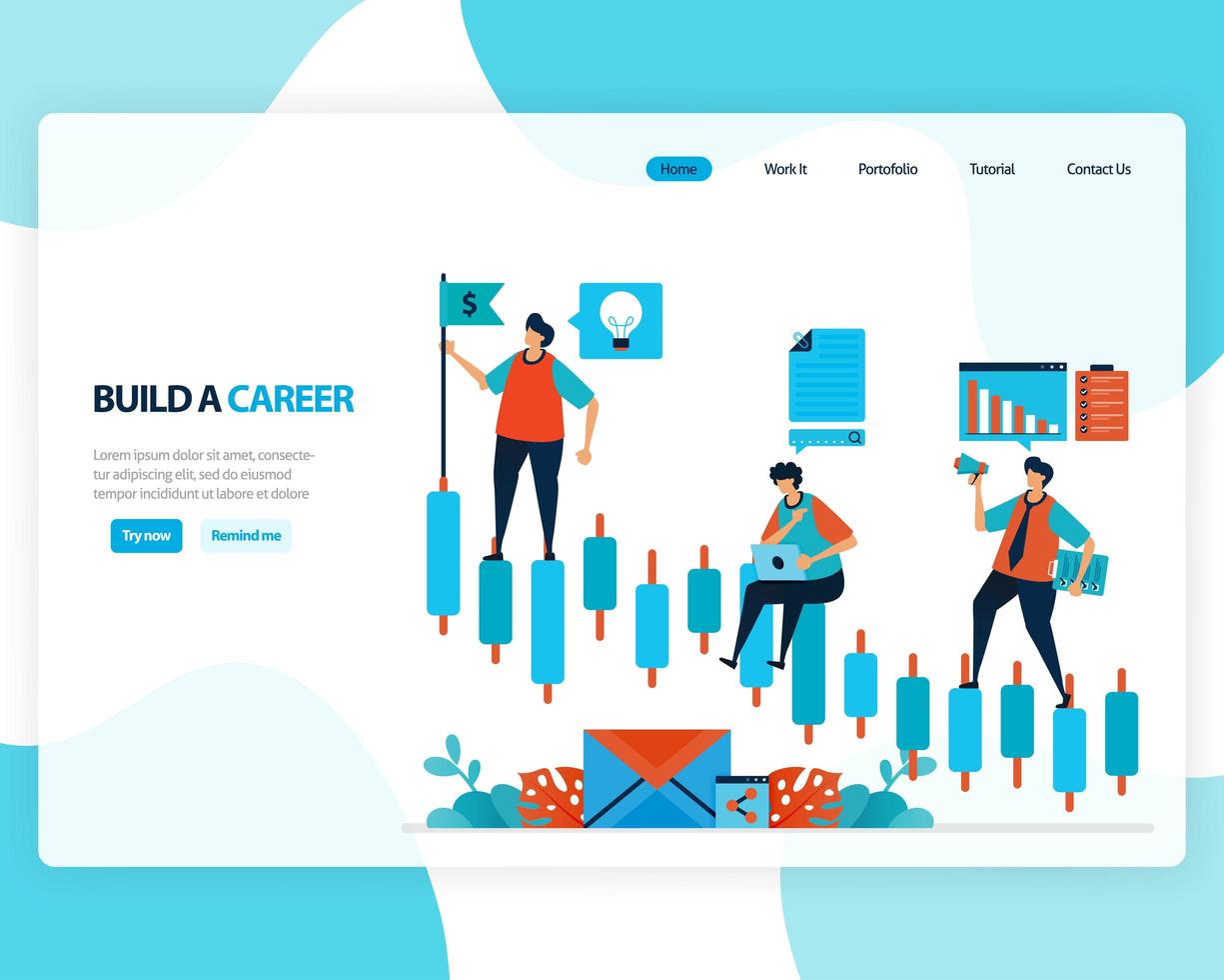 vector landing page of building a career and leadership. chart in achieving business goals. develop mental in work. illustration for web, homepage, web page, web theme, template, flyer, mobile, cards