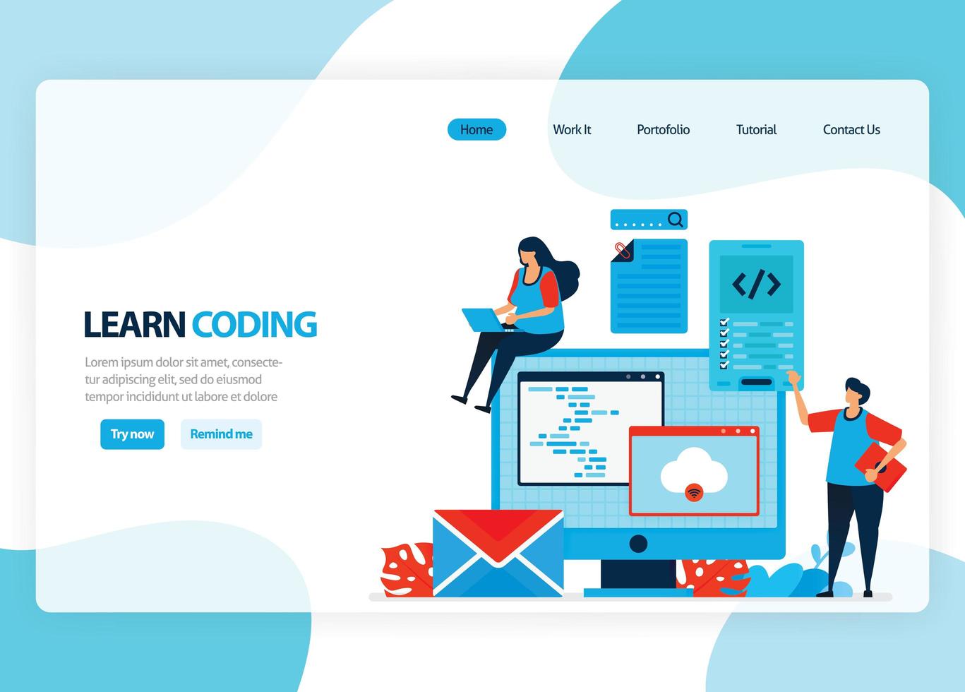 Vector homepage for learning programming and coding. Application development with a simple programming language. Flat illustration for landing page, template, ui ux, web, mobile app, banner, flyer