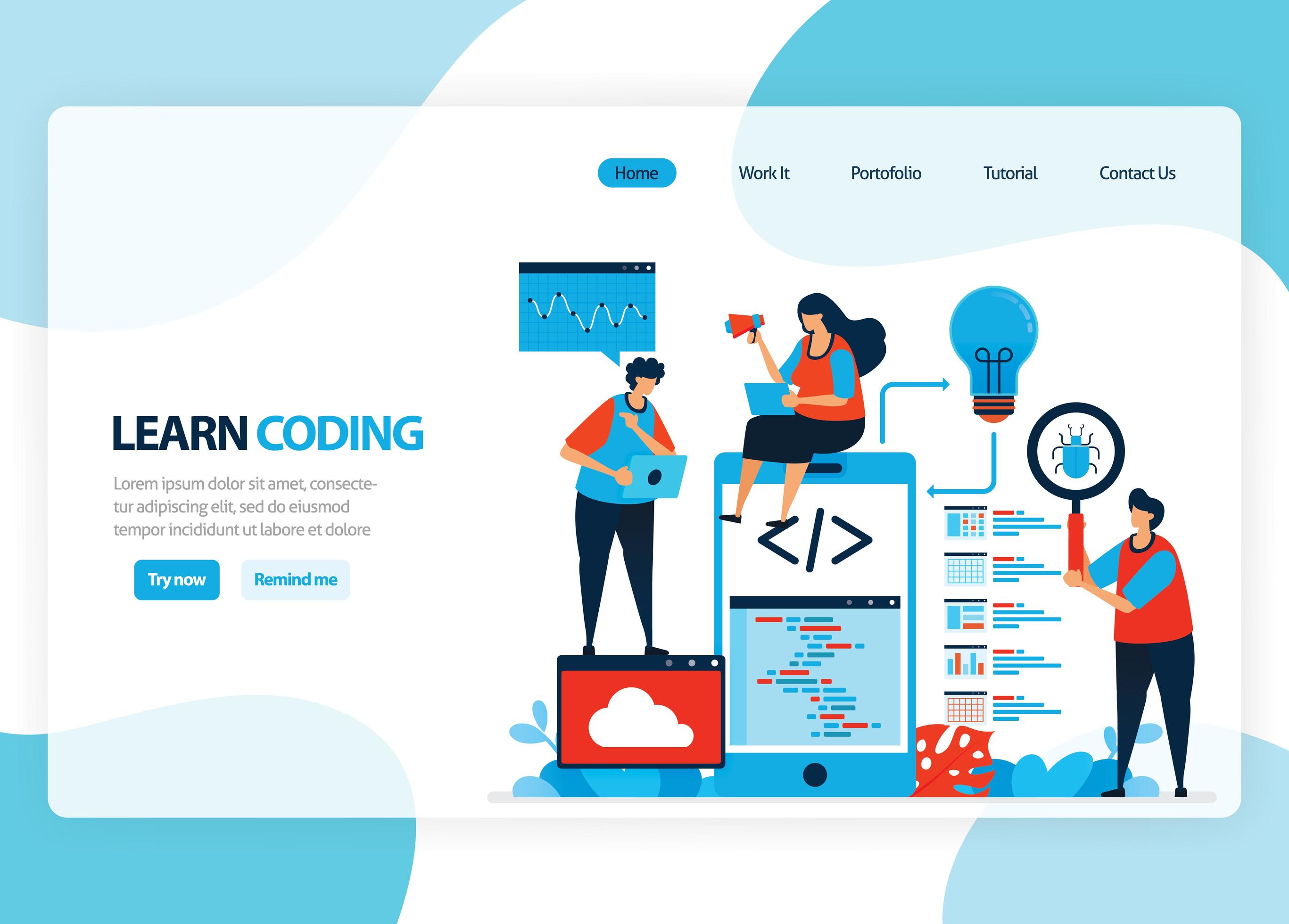 Vector homepage for learning programming and coding. Application ...