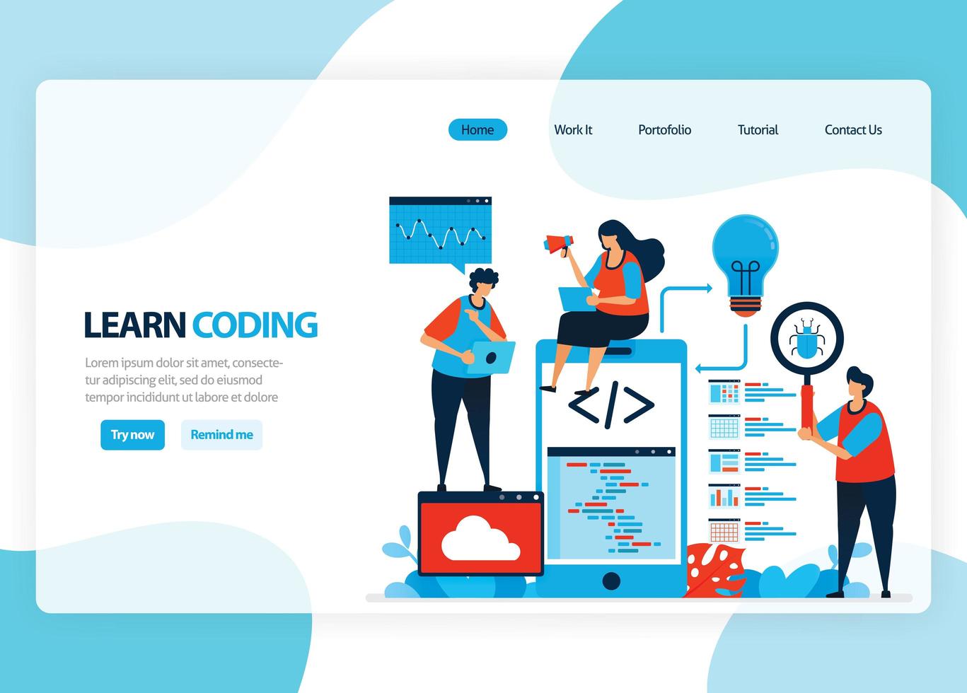 Vector homepage for learning programming and coding. Application development with a simple programming language. Flat illustration for landing page, template, ui ux, web, mobile app, banner, flyer