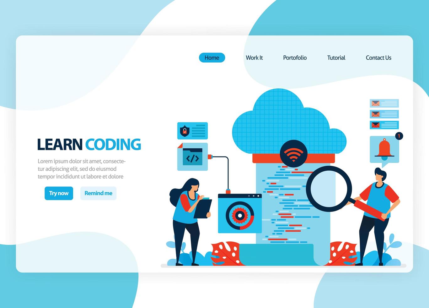 Vector homepage for learning programming and coding. Application development with a simple programming language. Flat illustration for landing page, template, ui ux, web, mobile app, banner, flyer