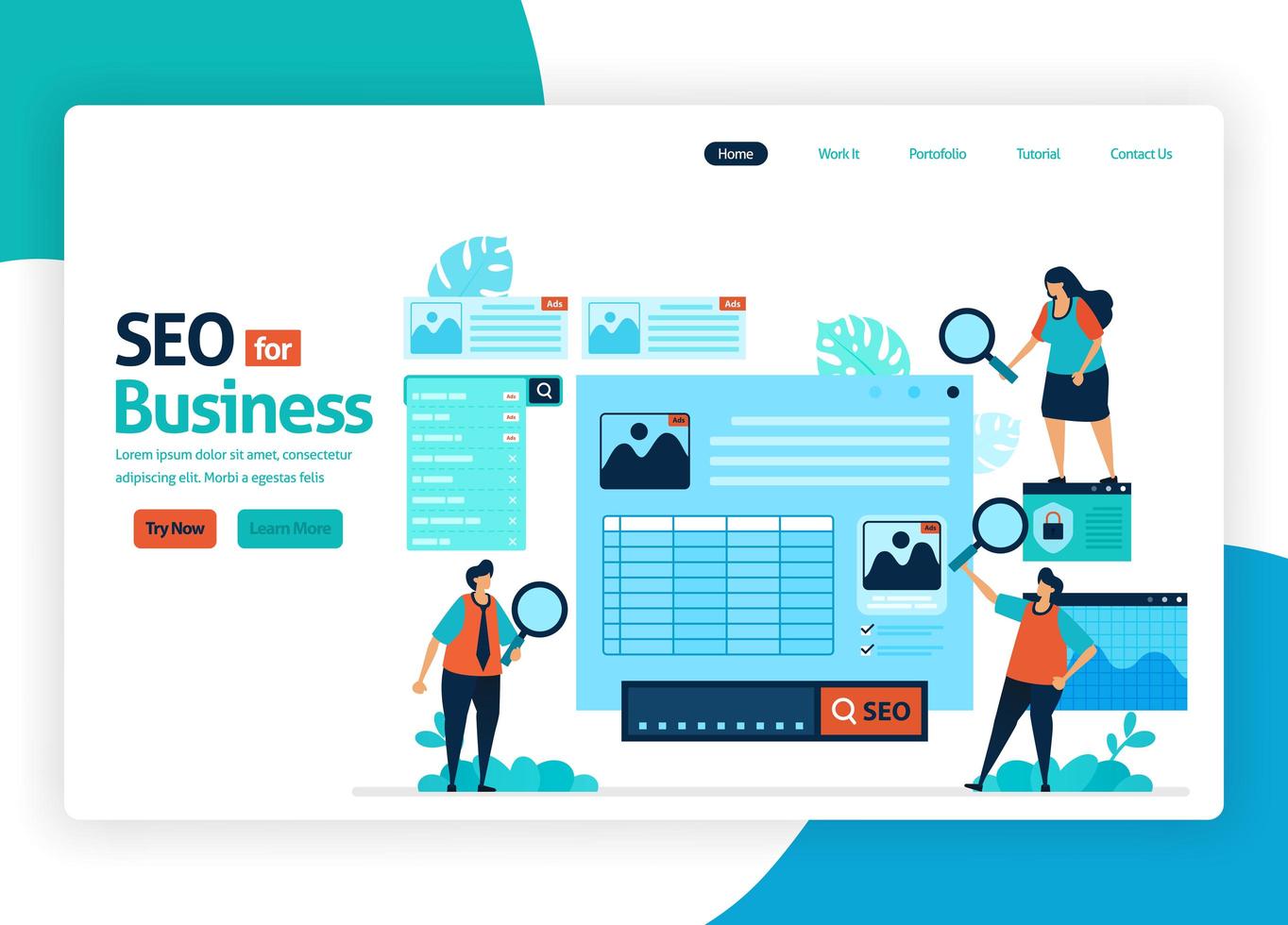 sitio web de ilustración vectorial para optimización de marketing con seo. publicidad online con palabras clave en buscadores para mercado objetivo, servicios publicitarios, redes sociales. página de destino, banner, aplicaciones móviles vector