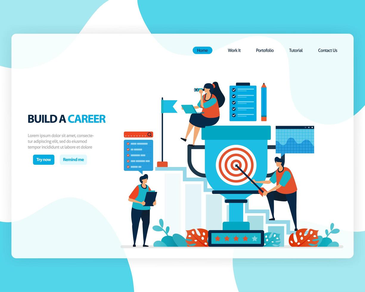 vector landing page of building a career and leadership. chart in achieving business goals. develop mental in work. illustration for web, homepage, web page, web theme, template, flyer, mobile, cards