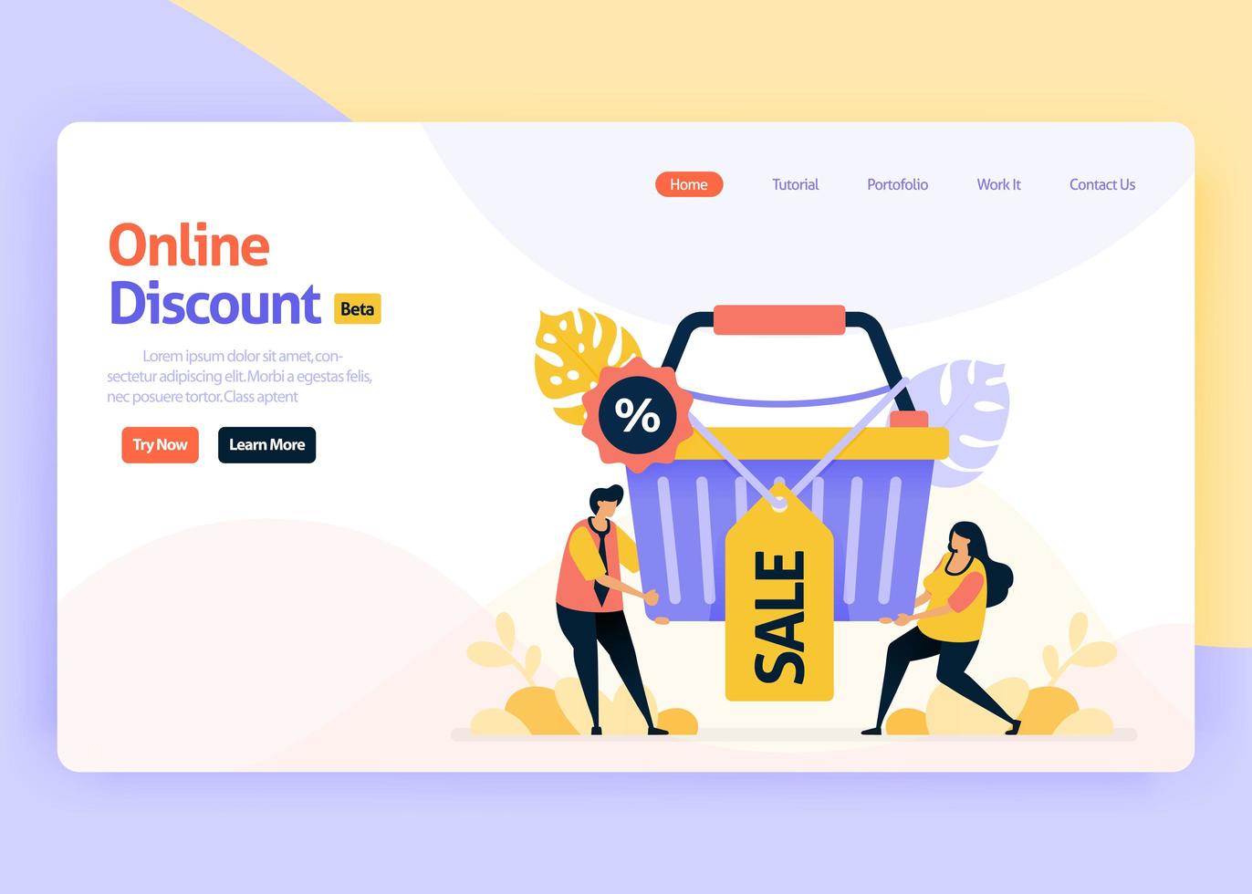 Vector illustration landing page for online discounts, promotions, social media ads, retail marketing. Special offers on digital e-commerce. For web, website, landing page, mobile app, flyer, brochure