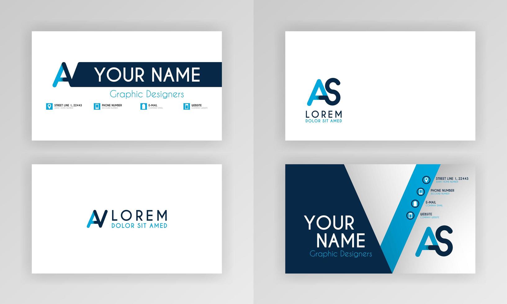 plantilla de tarjeta de visita azul. diseño de tarjeta de identidad simple con logotipo de alfabeto y decoración de acento de barra. para corporativo, empresa, profesional, negocios, publicidad, relaciones públicas, folleto, cartel vector