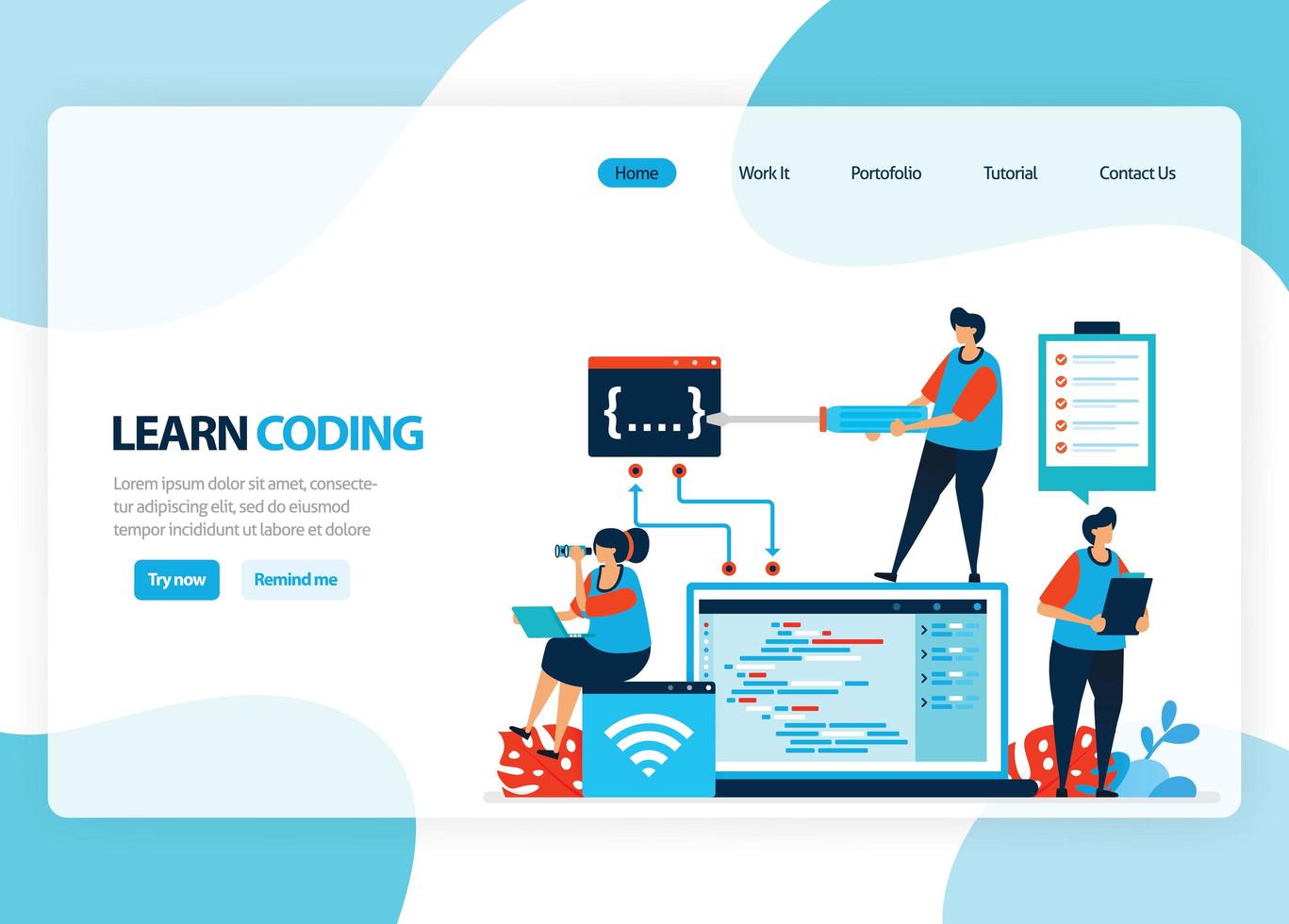 Vector homepage for learning programming and coding. Application development with a simple programming language. Flat illustration for landing page, template, ui ux, web, mobile app, banner, flyer