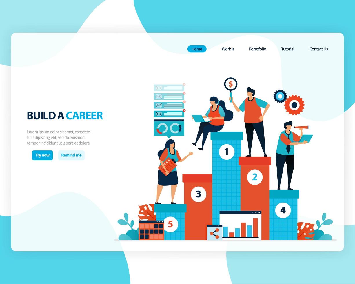 vector landing page of building a career and leadership. chart in achieving business goals. develop mental in work. illustration for web, homepage, web page, web theme, template, flyer, mobile, cards