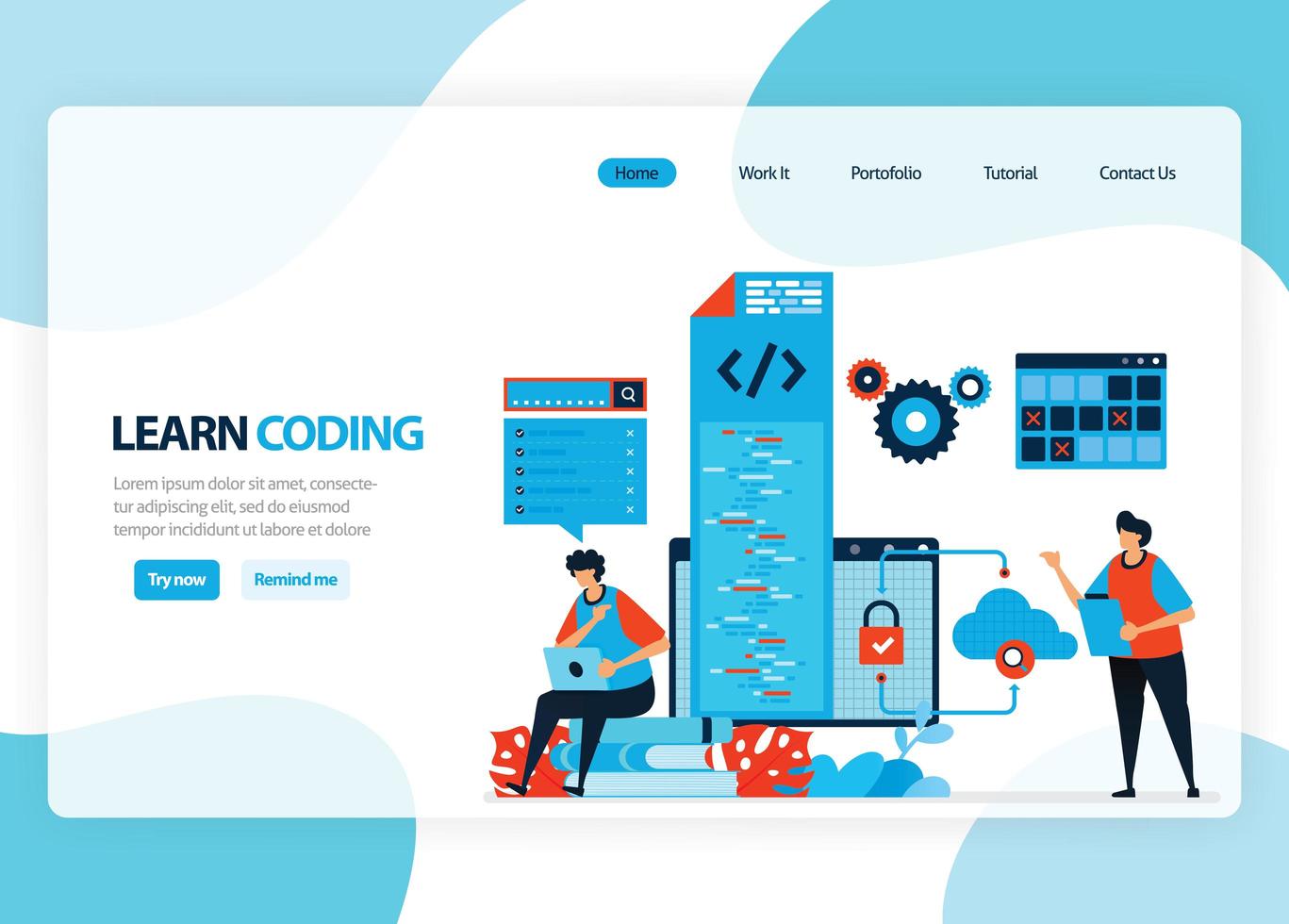 Vector homepage for learning programming and coding. Application development with a simple programming language. Flat illustration for landing page, template, ui ux, web, mobile app, banner, flyer