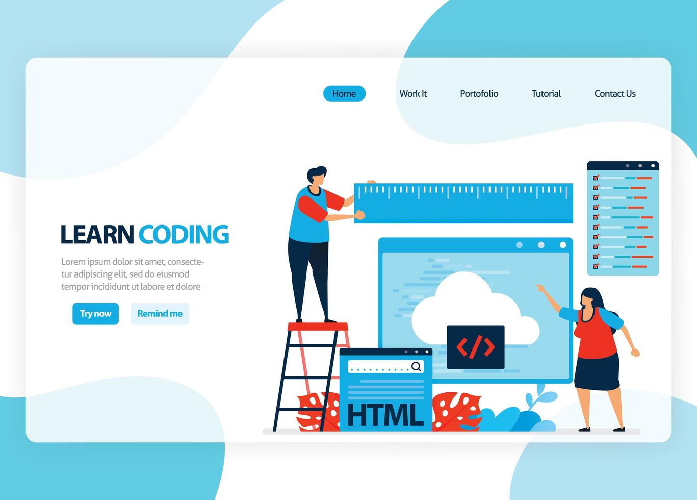 Vector homepage for learning programming and coding. Application development with a simple programming language. Flat illustration for landing page, template, ui ux, web, mobile app, banner, flyer