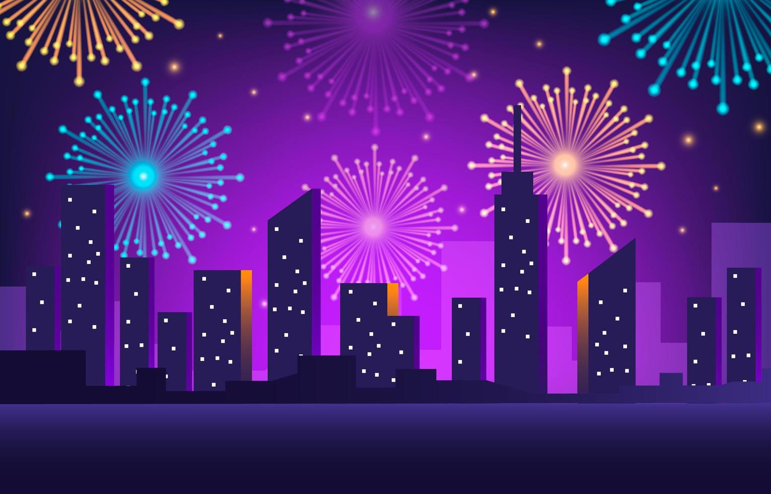 Gradient Neon Skyline With Colorful Fireworks vector