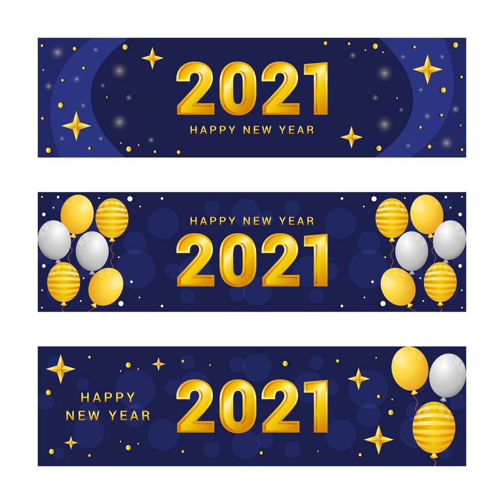 banner de año nuevo azul brillante y dorado 2021 vector