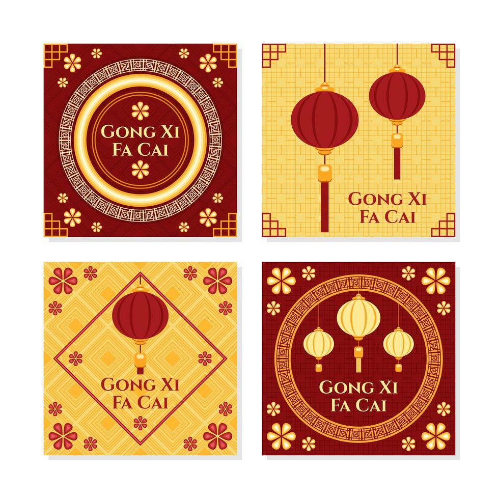 tarjeta gong xi fa cai con linterna y composición de adornos florales vector