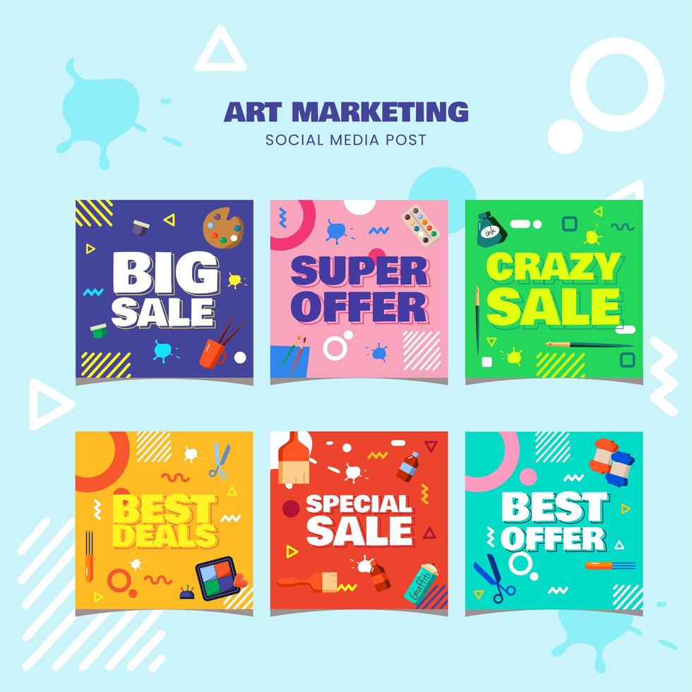 conjunto de publicación de redes sociales de venta de tienda de arte vector