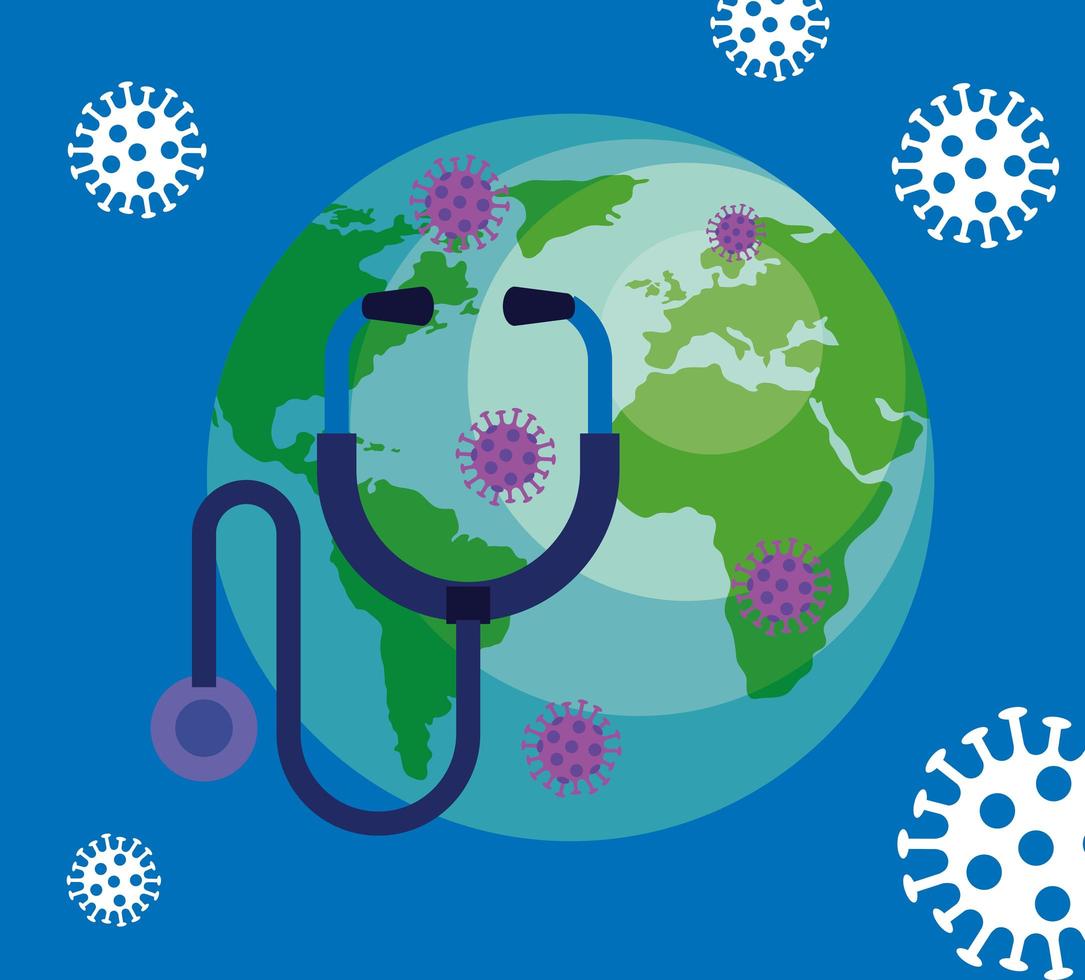 world planet with particles covid 19 and stethoscope vector