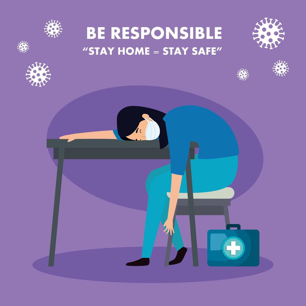 campaign of be responsible stay at home with paramedic female worried vector