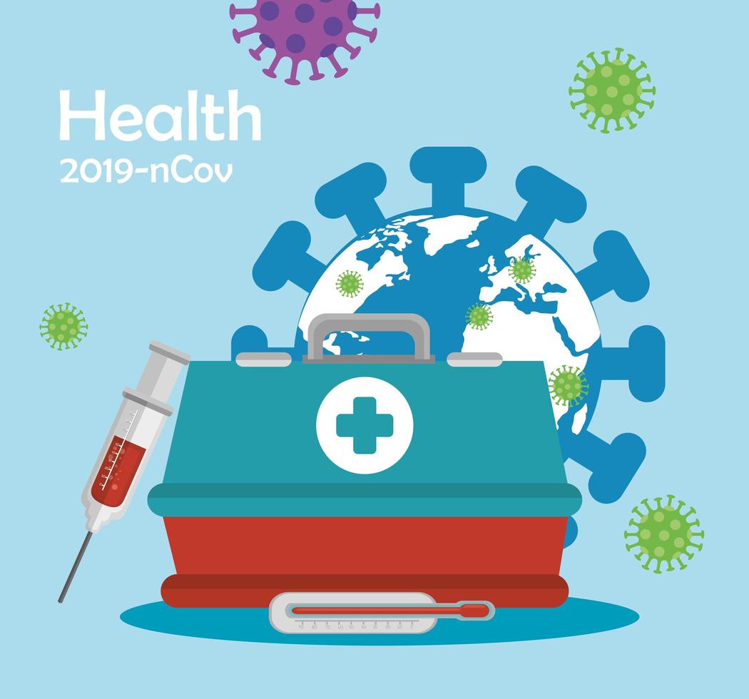 world planet with particles covid 19 and first aid kit vector