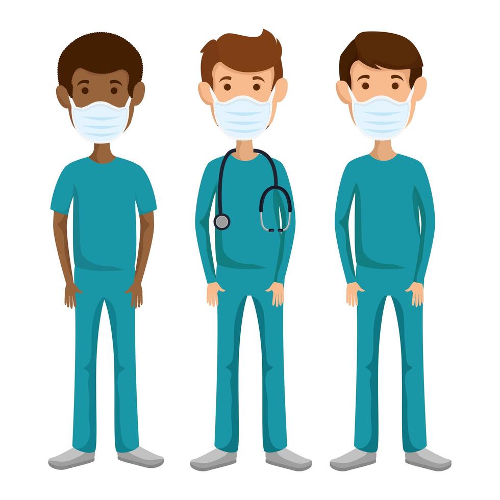 group men paramedics using face mask isolated icons vector