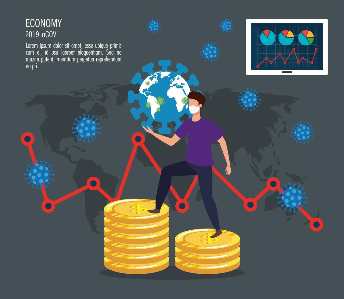 infografía del impacto económico de covid 19 con hombre y pila de monedas vector