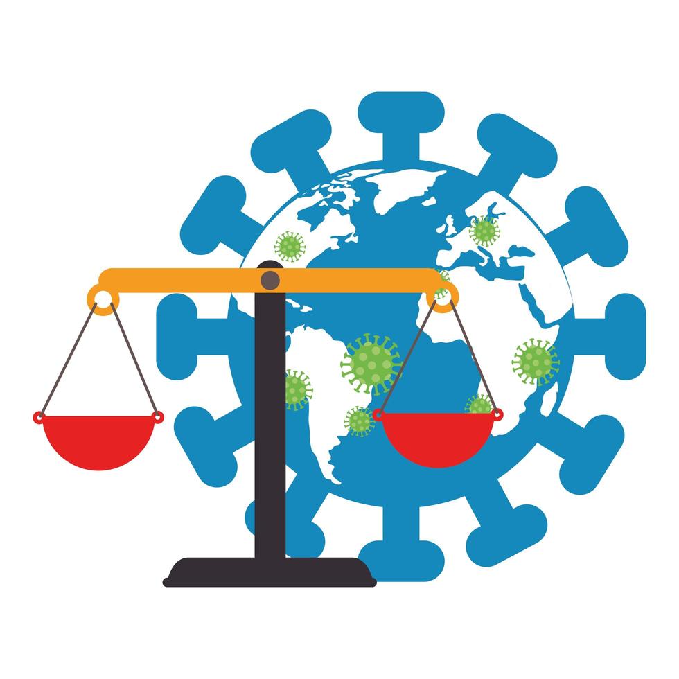 planeta mundial con partículas covid 19 y equilibrio. vector