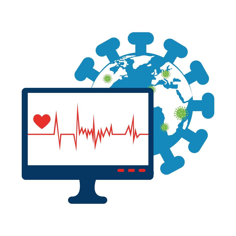 Planeta mundial con partículas covid 19 y monitor. vector