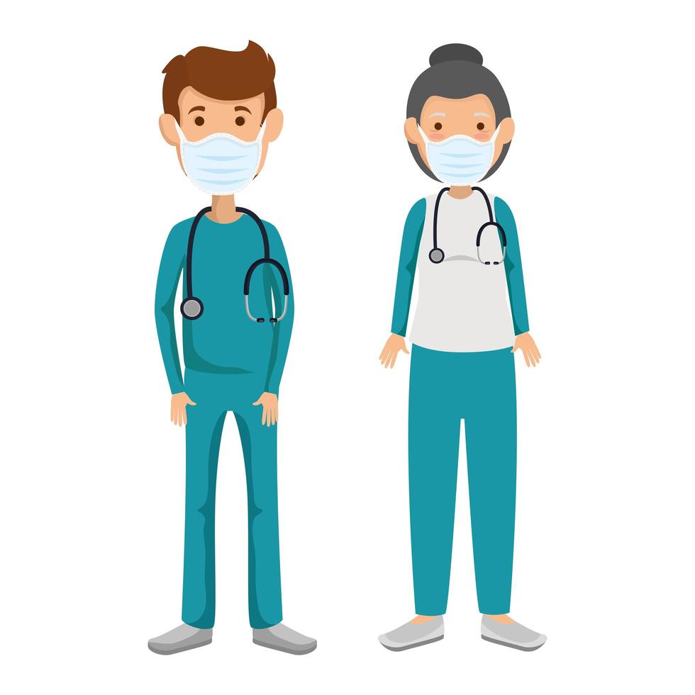 couple paramedics using face mask isolated icon vector