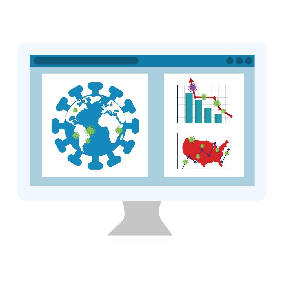 stock market variation by covid 19 with monitor and icons vector