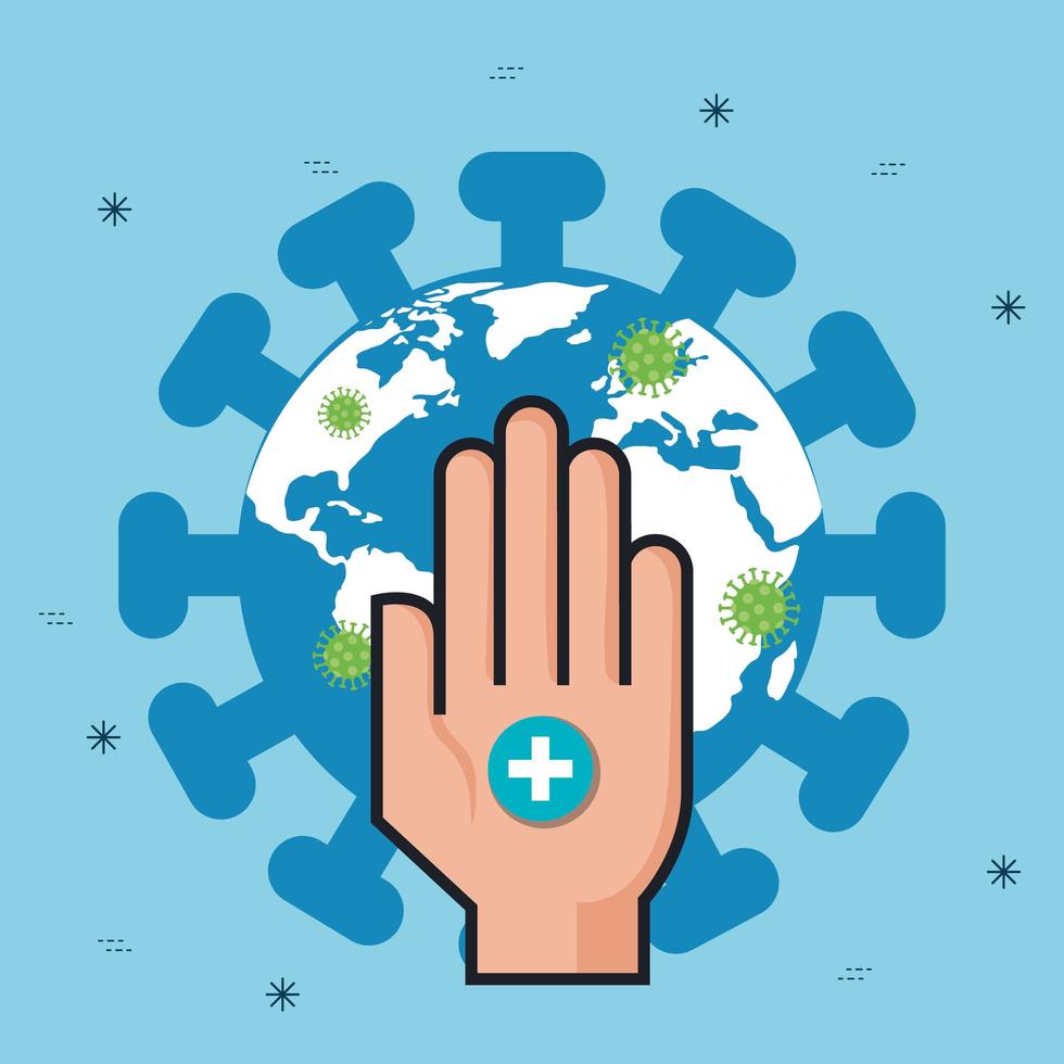 hand and world planet with particles covid 19 vector
