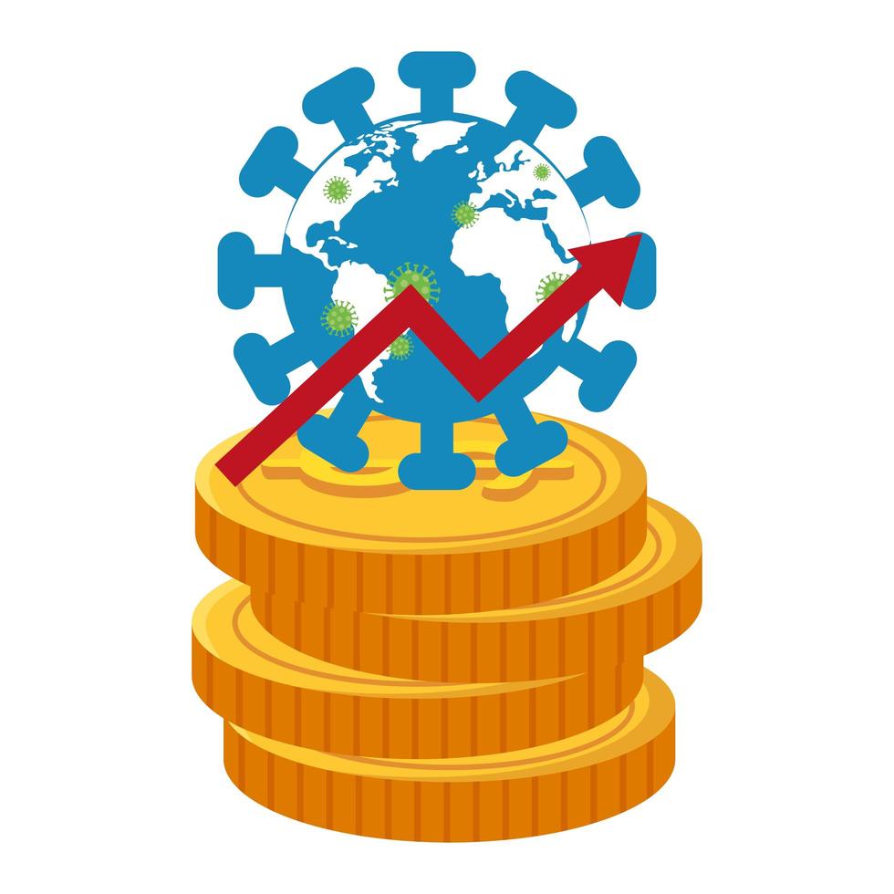 Variación del mercado de valores por covid 19 con pila de monedas e iconos vector