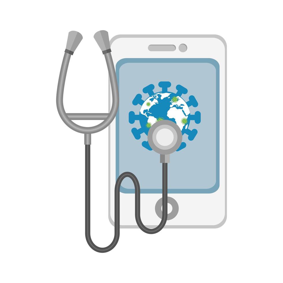 world planet with particles covid 19 in smartphone and stethoscope vector