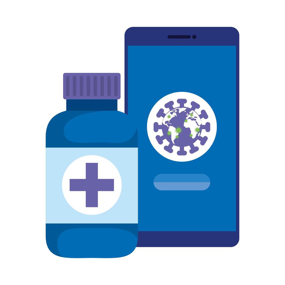 world planet with particles covid 19 in smartphone and bottle medicine vector