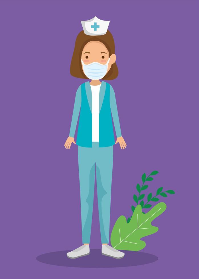 nurse professional using face mask with leafs decoration vector