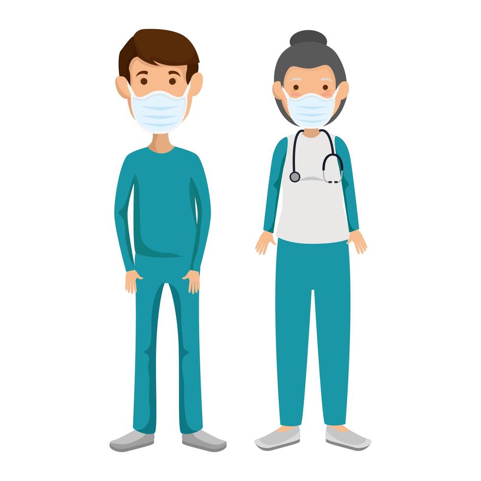 couple paramedics using face mask isolated icon vector