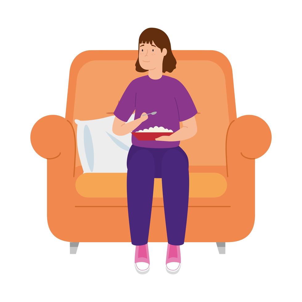 Mujer joven quedarse en casa comiendo en el sofá vector