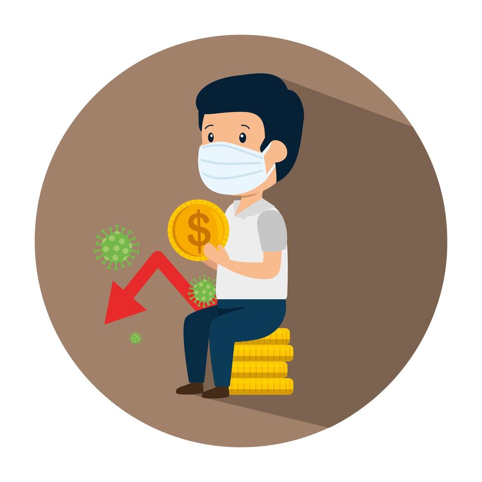 businessman using face mask sitting in pile coins and particles covid 19 vector