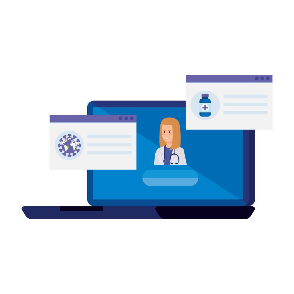 medicine online technology with laptop and doctor female vector