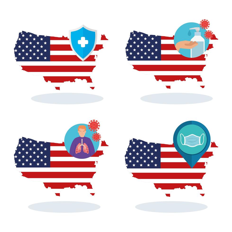 usa flag and map in set covid19 icons vector