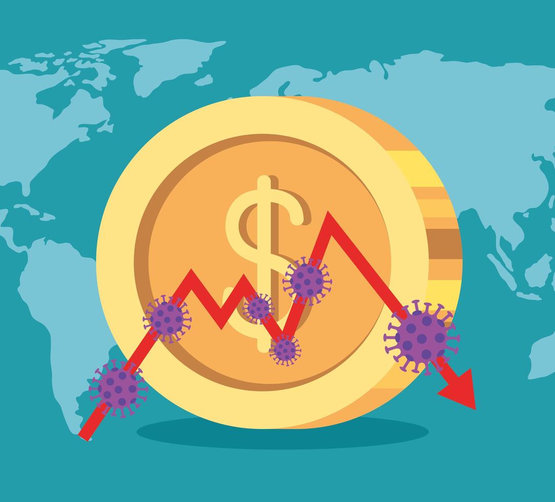 stock market variation by covid 19 with coin and world planet vector