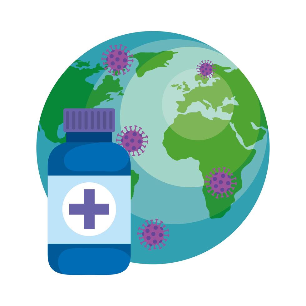 world planet with particles covid 19 and bottle medicine vector
