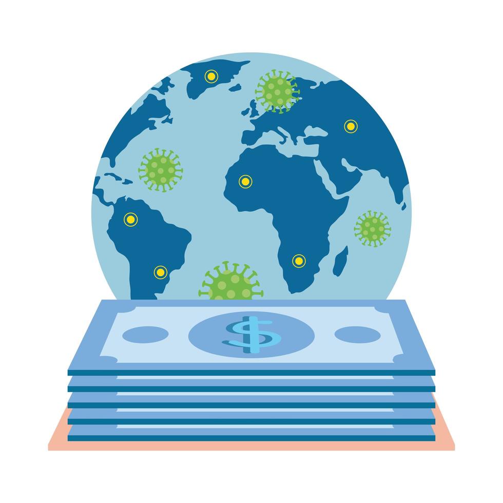 world planet with particles covid 19 and pile bills vector
