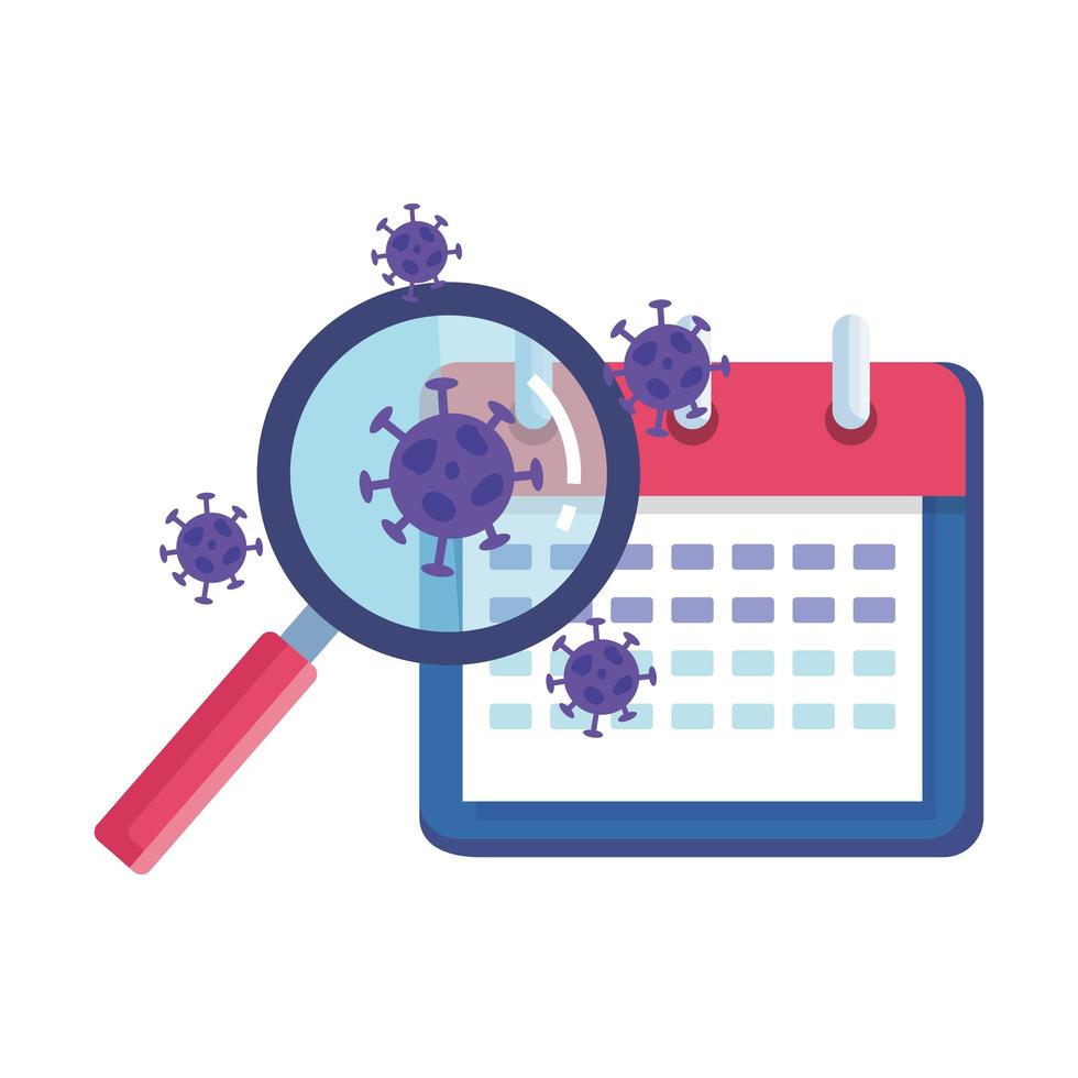 covid19 particles with magnifying glass and calendar vector