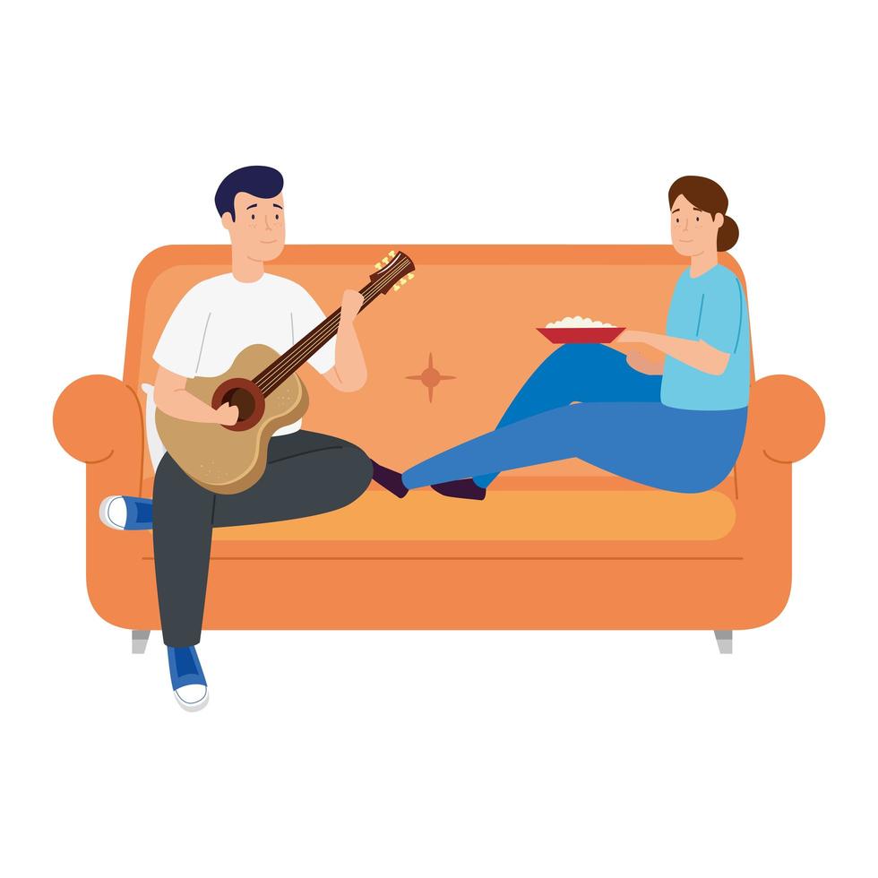 young couple eating and playing guitar in livingroom vector