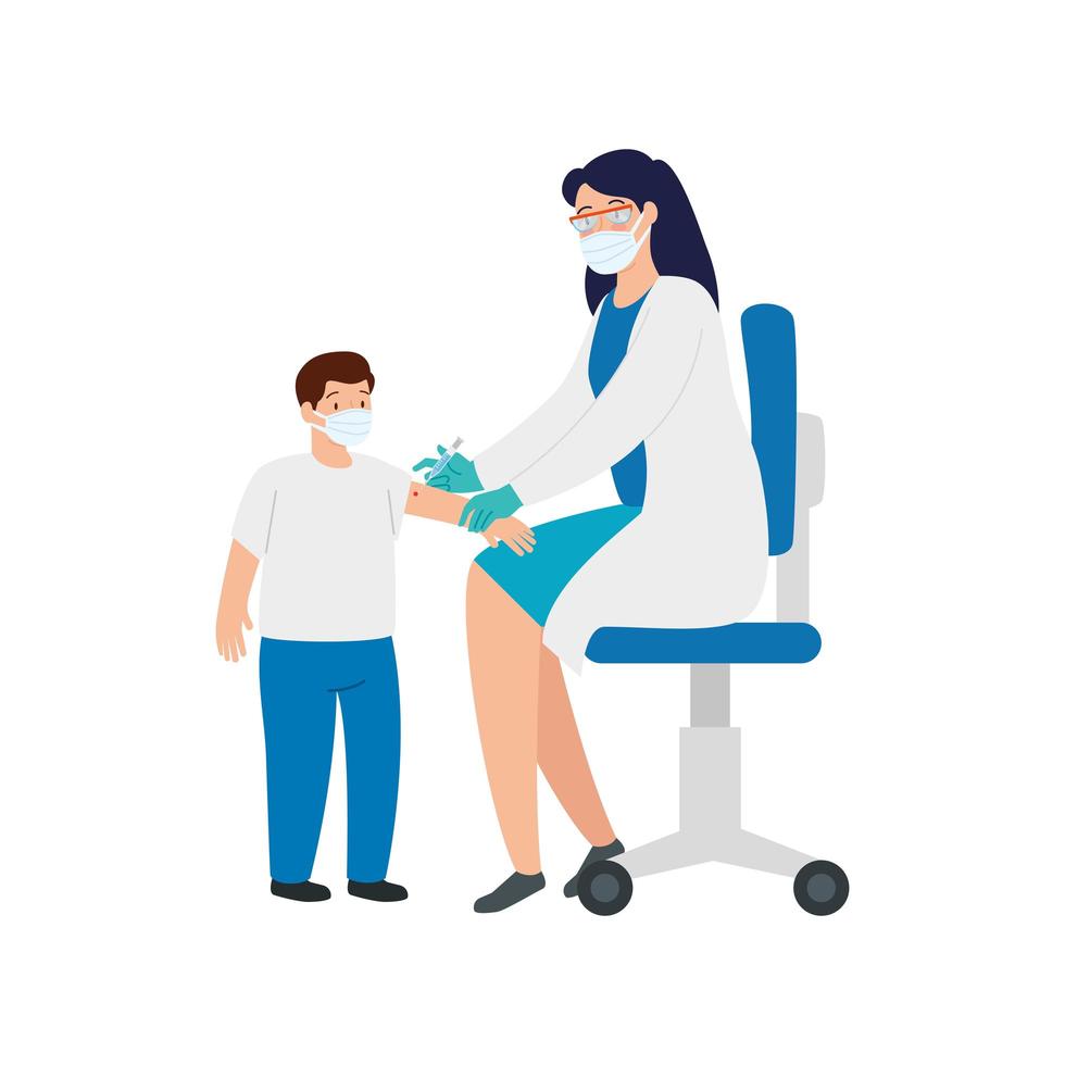 doctor female vaccinating to boy using face mask vector