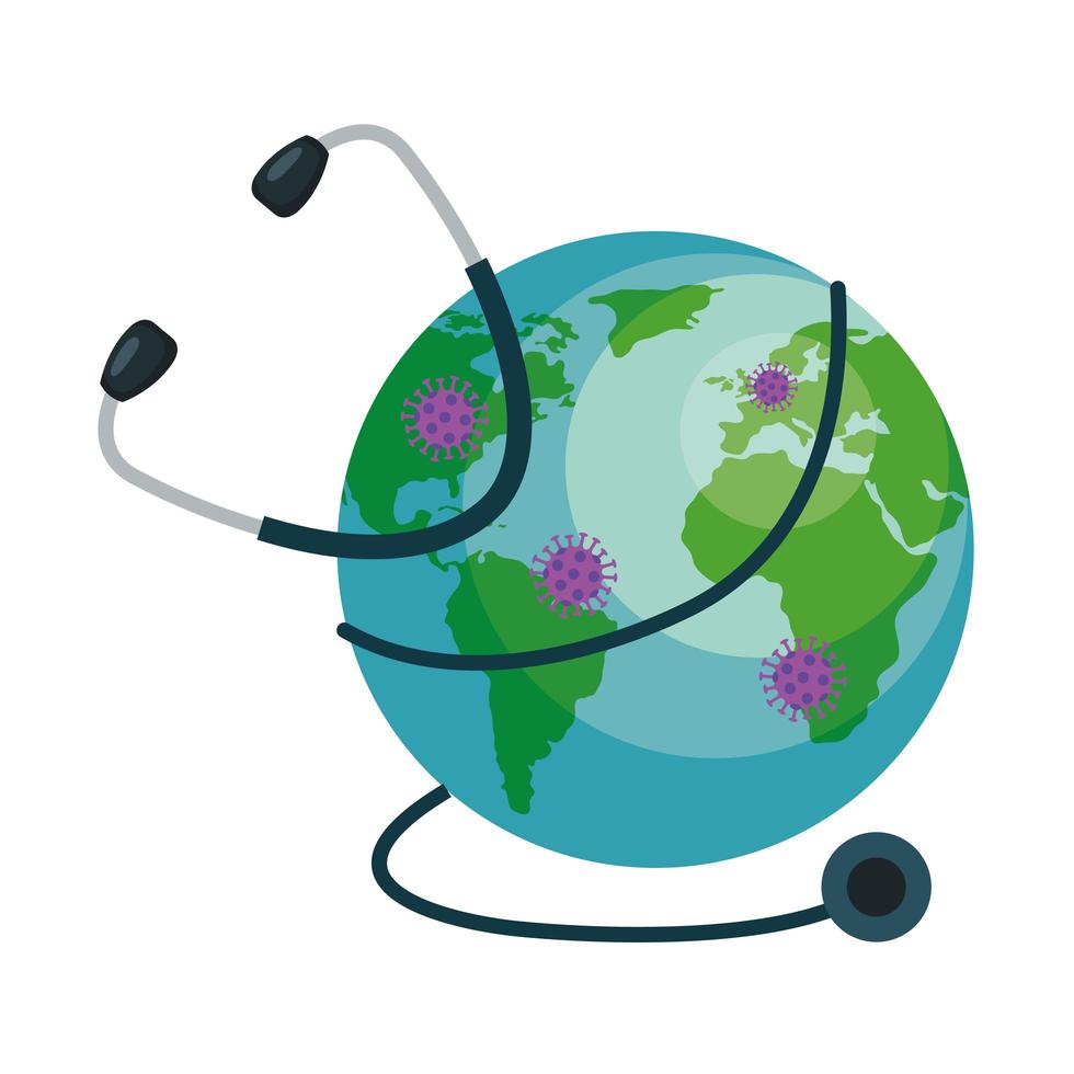 world planet with particles covid 19 and stethoscope vector