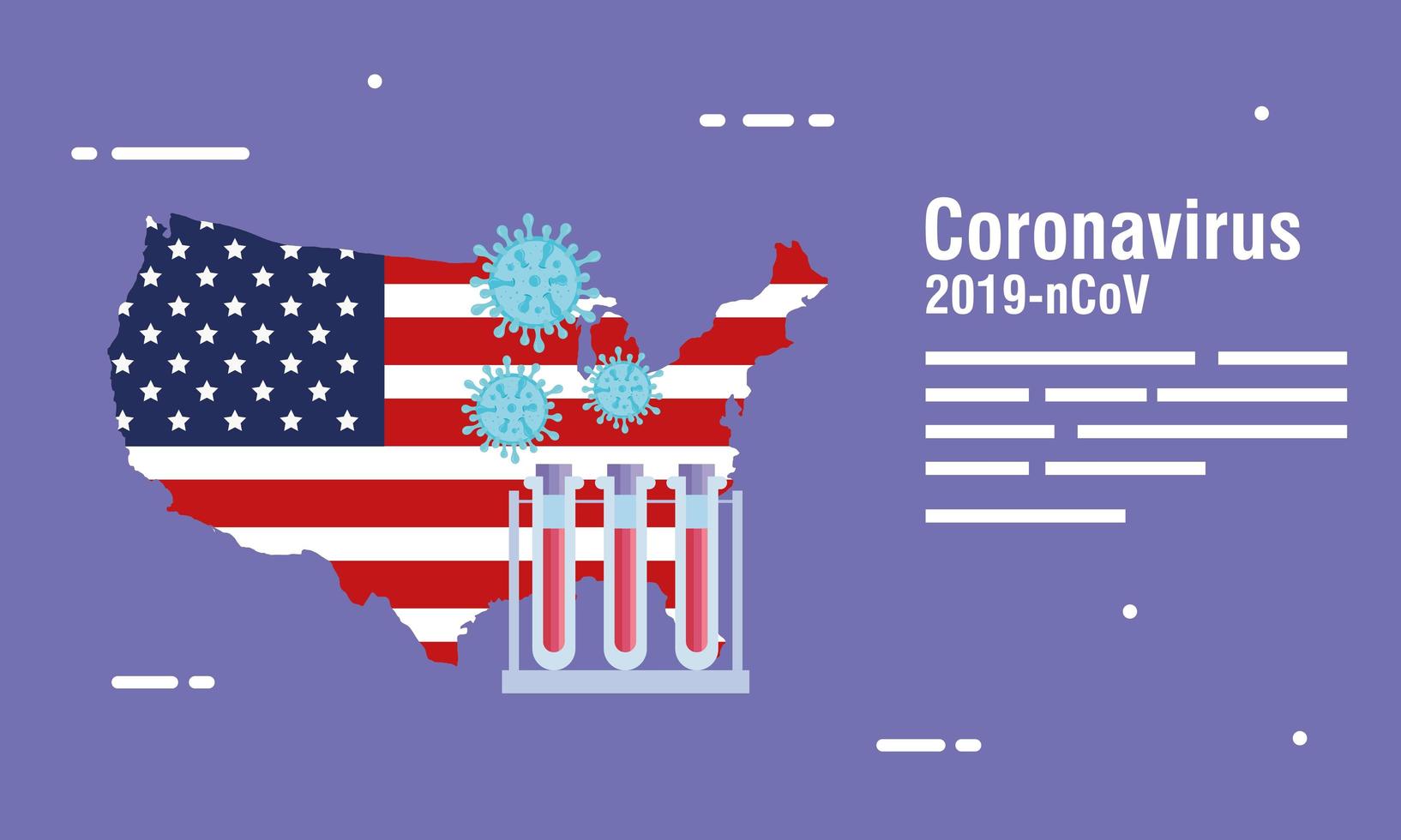 usa map and flag with covid19 particles and tubes test vector