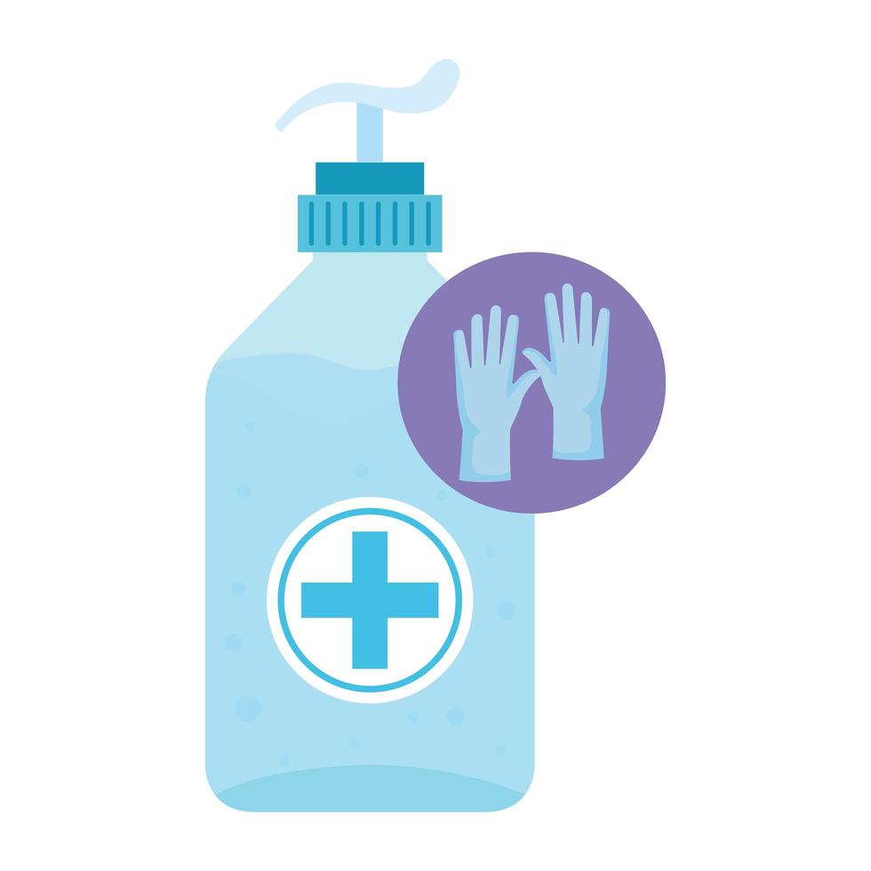 antibacterial soap bottle with rubber gloves vector