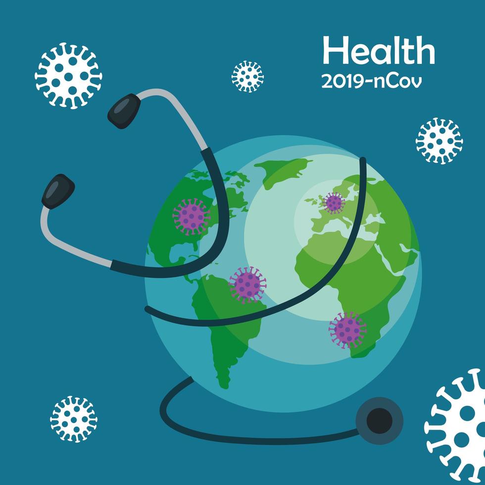 world planet with particles covid 19 and stethoscope vector