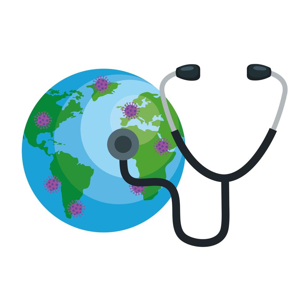 world planet with particles covid 19 and stethoscope vector